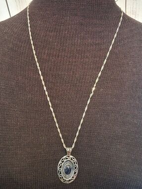 Lia Sophia Silvertone Filigree Pendant Necklace with Dark Blue Stone
